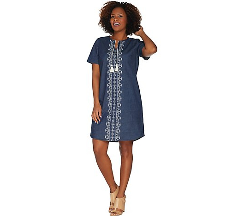 Denim & Co Chambray Dress XXS Indigo Blue Embroidered Stretch V-Neck NWOT
